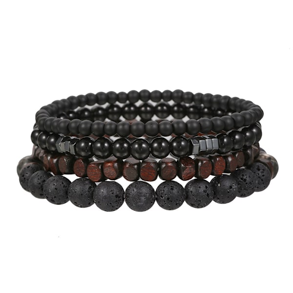 Armbandset med vulkanstenar, svarta frostade svarta gallstenar, träpärlor, kombination, hiphop-stil, elastiskt armband