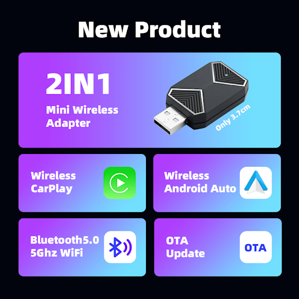 Trådlös CarPlay Adapter, Trådlös Android Auto – Mini och Stabil 5.8GHz WiFi med USB/Type-C