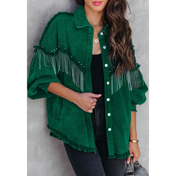 Avslappnad Denimjacka med fransar för kvinnor Green Green XL