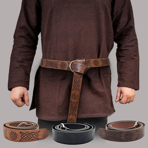 Präglad bälte för män Cosplay Viking Vegvisir PU läder O-ring Dark Brown