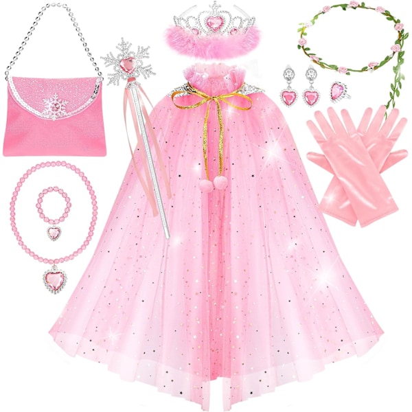 Princess Cape Set, 12 st Princess Klänningskläder för Liten Flicka, Princess Klänningar för Flicka 3-8 År Födelsedagspresent Pink