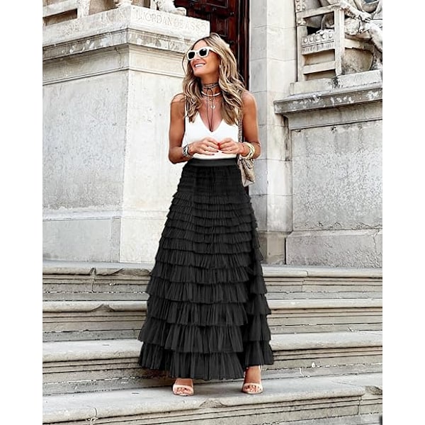 Dam Tulle Maxi-kjol A-linje Rynkad Mesh Hög Midja Underkjol Black Black S