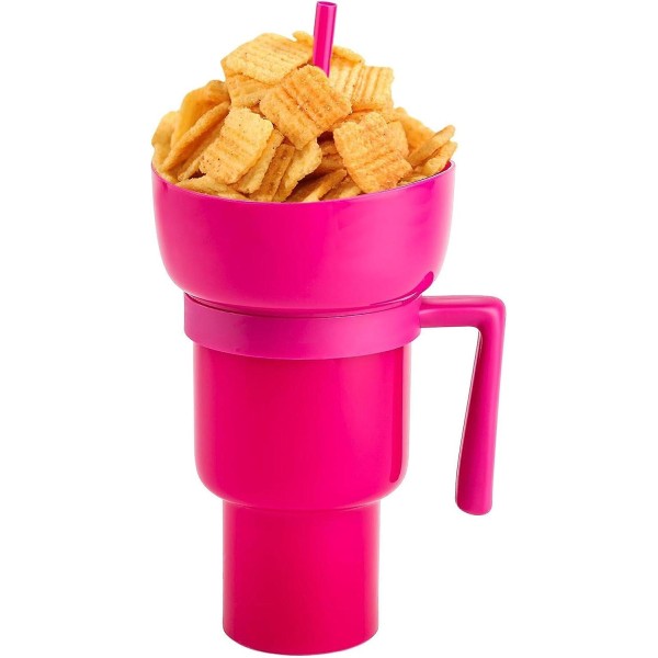 Snack and Drink Cup 2 i 1, Stadium tumbler, Snack Cup skål med sugrör, återanvändbart mellanmål och Pink