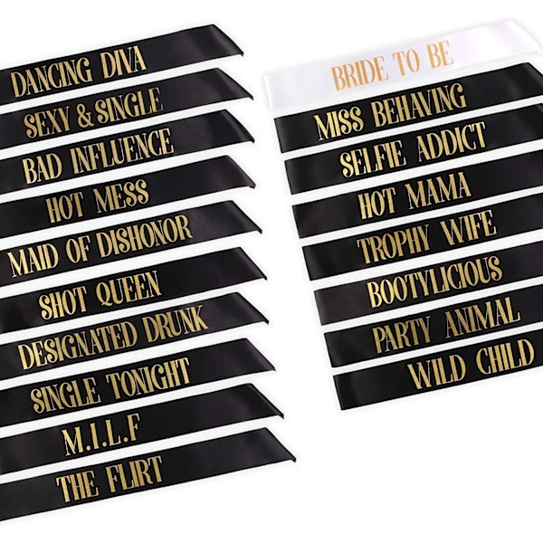 18-delad bältesset 17 svarta med 1 vitt bälte Guldtext För svensexa Bröllop Ladies Night Out