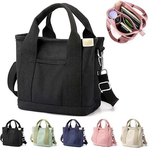 Multi-Pocket Tote Bag med dragkedja, Canvas Handgjord Handväska med fack, Multifunktion Satchels Bag för kvinnor Damer Univisity Skola Arbete Resor Black-small
