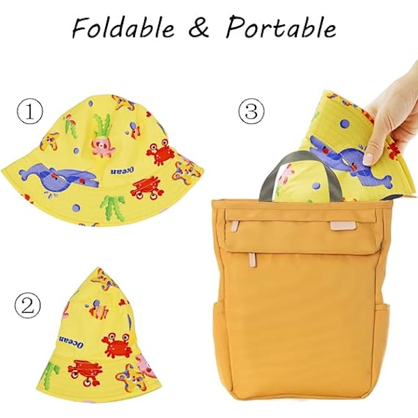 Solhatt, Toddler Bucket Hat, Barnens Sommarfiskarhattar för Spädbarn Pojkar Flickor, Bredbrättad Strandkeps Fiskarhatt med Hakrem Yellow Ocean 1-2Years