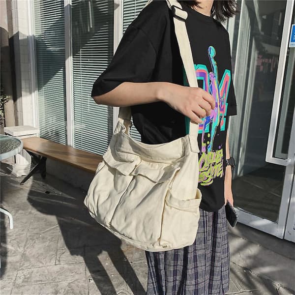 Stor Canvas Messenger Taske med Flere Rum Casual Taske til Kvinder og Mænd Beige