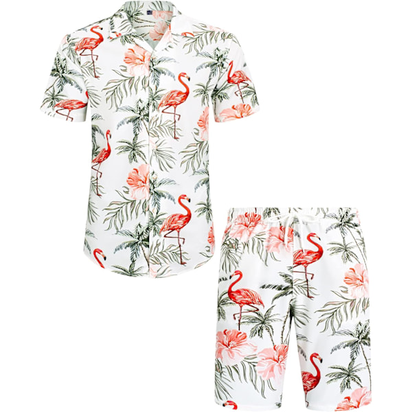 Herr Hawaiian skjorta och shorts set Regular Fit kortärmad casual funky strand flamingo skjorta set S S White Flamingo