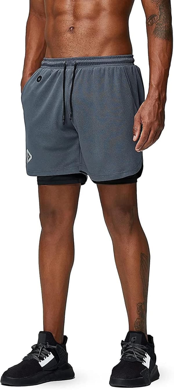 2 i 1 løbeshorts med telefonlomme Gym Workout Hurtigtørrende herreshorts 5 tommer Grå Grey Medium