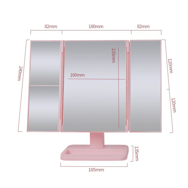 Ljusad smink spegel minimalistisk förstoring touch kontroll trefaldig LED fåfänga spegel rosa