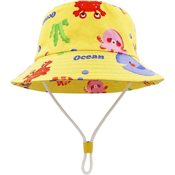 Solhatt, Toddler Bucket Hat, Barnens Sommarfiskarhattar för Spädbarn Pojkar Flickor, Bredbrättad Strandkeps Fiskarhatt med Hakrem Yellow Ocean 1-2Years