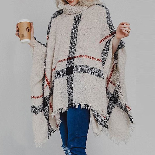 Rutig tröja med turtleneck omlott och sjal lös tröja kappa stickad poncho med tofs för dam
