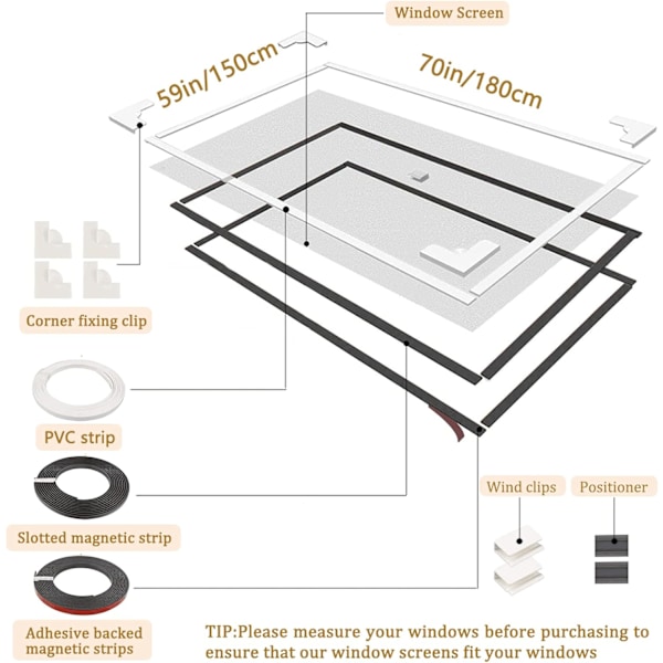 Justerbar Magnetisk Fönstermyggnät, 90x120cm Magnetiskt Fönstermyggnät, Magnetiskt Flyggnät för Fönster, Förhindrar Insekter/Flugor/Myggor 150*180CM