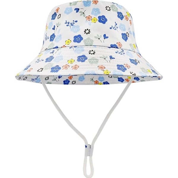 Solhatt, Toddler Bucket Hat, Barnens Sommarfiskarhattar för Spädbarn Pojkar Flickor, Bredbrättad Strandkeps Fiskarhatt med Hakrem White Flower 2-4Years