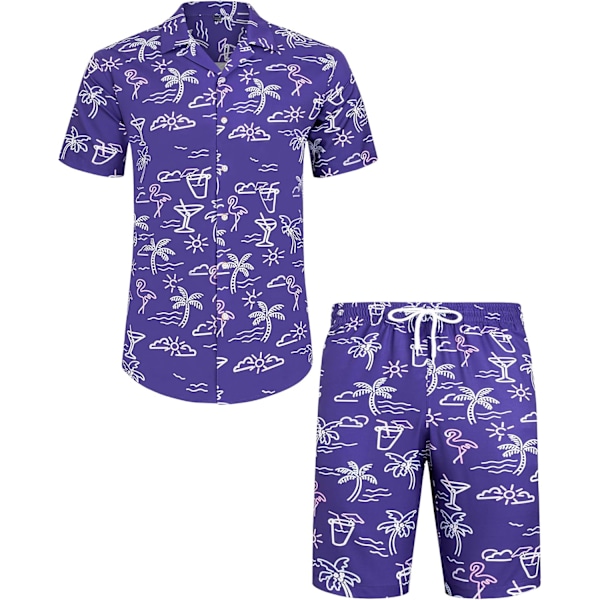 Herr Hawaiian skjorta och shorts set Regular Fit kortärmad casual funky strand flamingo skjorta set L L Navy