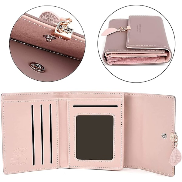 Dam plånbok clutch myntväska utsökt blad PU läderhänge 5 kortplatser, 1 identifieringsfönster, 1 sedeldel och 1 ljusblå blixtlåsficka