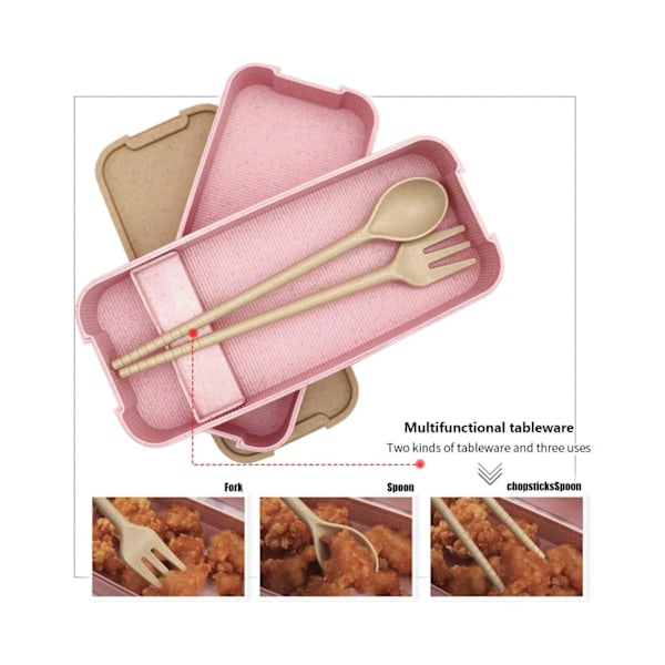 Bentolåda Bento Lunch Box, 3-i-1 fack stapelbar Bentolåda, Vetehalm Lunchbehållare med bestick, BPA-fri, Mikrovågsugnssäker - Rosa