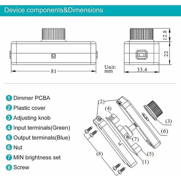 3-100W LED bagkant dimmer (roterende variator), bruges til dæmpbare LED, glødepære, halogenpære, 220-240V, ENTRUCTER CE, Sort