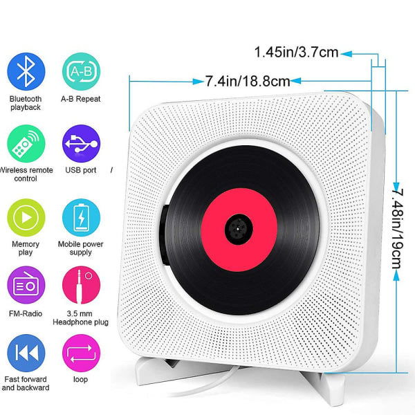 Bärbar CD-spelare med Bluetooth - Väggmonterbar hemmaljud med FM-radio och fjärrkontroll