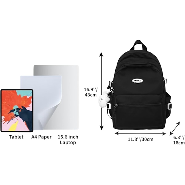 Kawaii Ryggsäck med Söt Tillbehör Estetisk 15,6 Tums Laptop Ryggsäck Hänge (Svart)