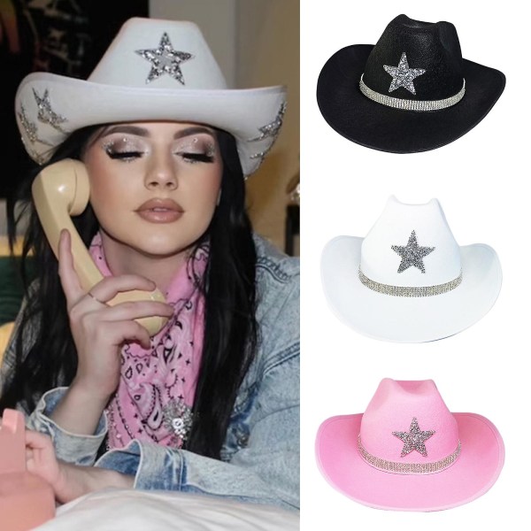 Western Style Rhinestone Star Filt Cowboyhatt Cowgirl Cospla White