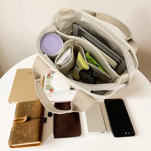 Multi-Pocket Tote Bag med dragkedja, Canvas Handgjord Handväska med fack, Multifunktion Satchels Bag för kvinnor Damer Univisity Skola Arbete Resor Black-small