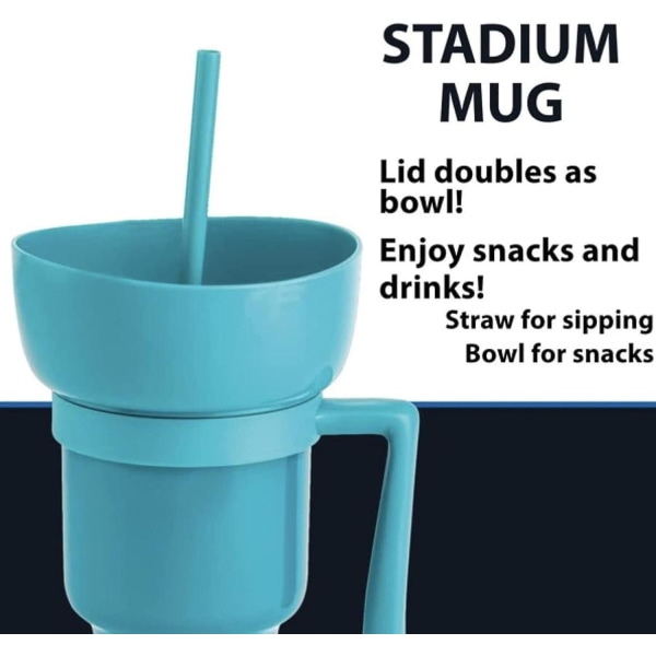 Snack and Drink Cup 2 i 1, Stadium tumbler, Snack Cup skål med sugrör, återanvändbart mellanmål och Blue