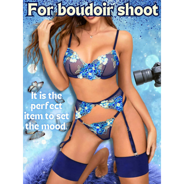 Blommig Broderad, Underwired, T-String, Strumpeband, 4-Delat Lingeri Navy Navy M
