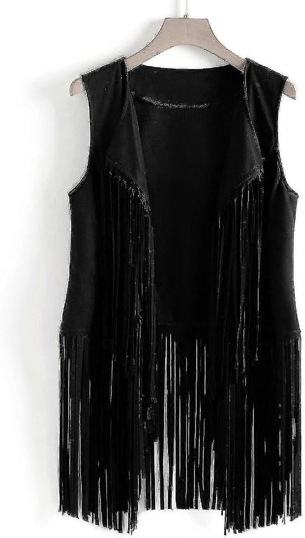 70-tals toppar för kvinnor denimskjorta disco fransväst jacka - perfekt Black Black L