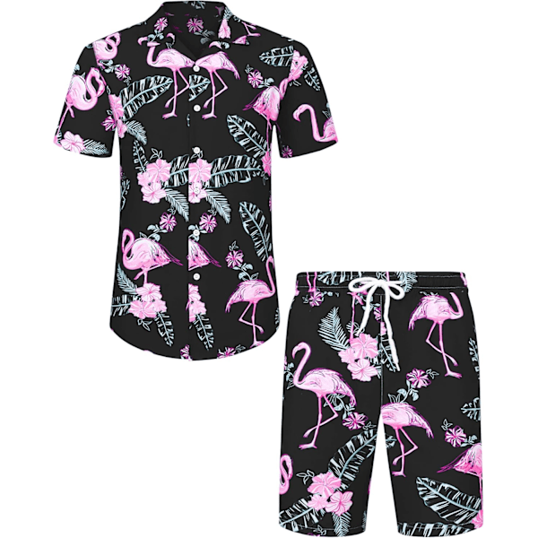 Herr Hawaiian skjorta och shorts set Regular Fit kortärmad casual funky strand flamingo skjorta set 3XL 3XL Black Flamingo
