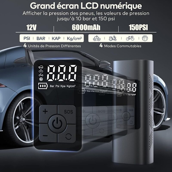 6000mAh Mini Elektrisk Luftpump, Bärbar Luftkompressor Sladdlös Däckuppblåsare 150PSI med Digital LCD-display, Elektrisk Cykelpump med LED-lampa för