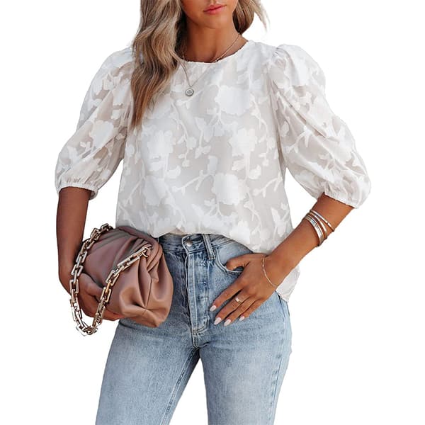 Bluser med blonderm og chiffon i blomstermønster (hvid) XXL