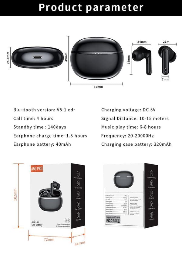Trådløse Bluetooth-hovedtelefoner A50 Pro ANC IPX7 5.1