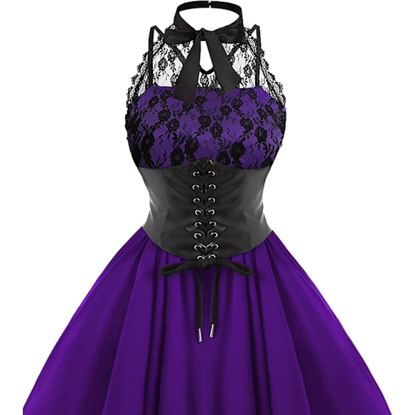 Ärmlös Gotisk Spetsklänning för Kvinnor 80-tals Festklänning Korsett Halter Spets Swing Cocktail Purple Purple XL