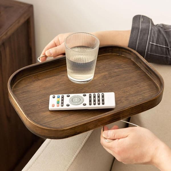 Fällbar soffa arm bricka i trä, robust soffarmstödsbricka arrangör, robust soffarmstödsbord för att äta, dricka, snacks, fjärrkontroll