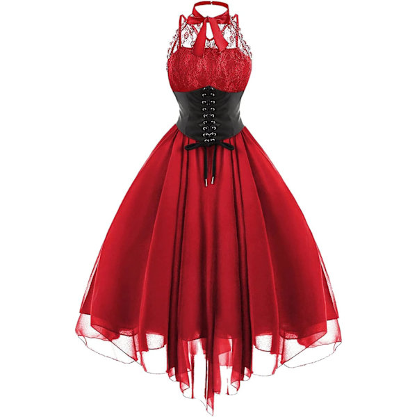 Ärmlös Gotisk Spetsklänning för Kvinnor 80-tals Festklänning Korsett Halter Spets Swing Cocktail RED RED XL