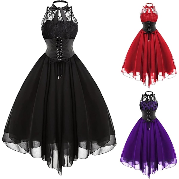 Ärmlös Gotisk Spetsklänning för Kvinnor 80-tals Festklänning Korsett Halter Spets Swing Cocktail Black Black L