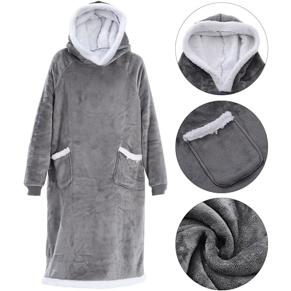 Extra lång huvtröja filt kvinnor överdimensionerad bärbar filt mysig mjuk bekväm Sherpa fleece jätte bärbar huvtröja filt tröja （ljusgrå） light grey