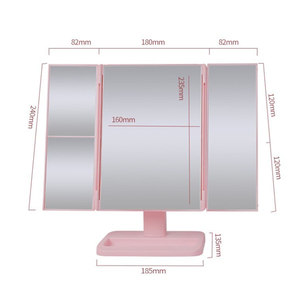 Ljusad smink spegel minimalistisk förstoring touch kontroll trefaldig LED fåfänga spegel rosa