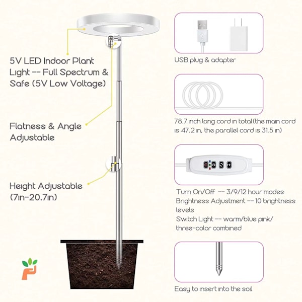 Växtlampa, Fullspektrum LED-lampa för inomhusväxter, 5V