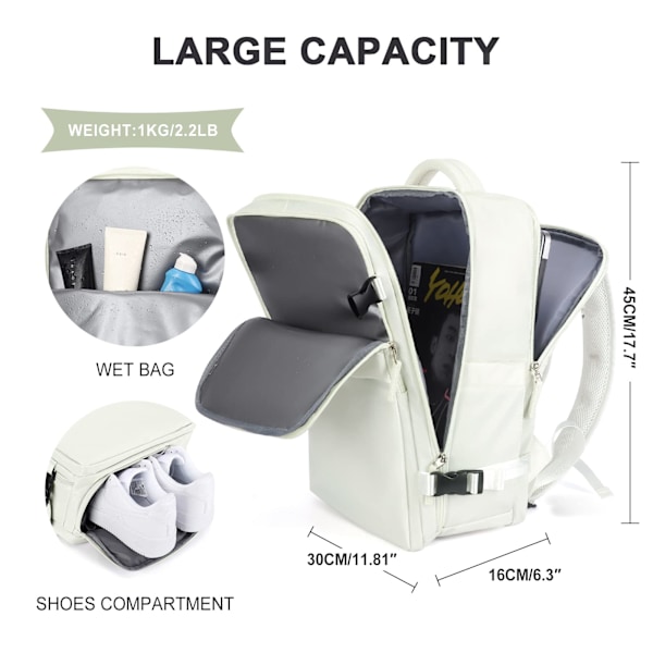 Kabinväskor 45x30x16 Underseat Rucksack för flygplan Handbagageväska underseat Carry On Backpack Laptopväska Dam Reseryggsäck med skofack,B beige