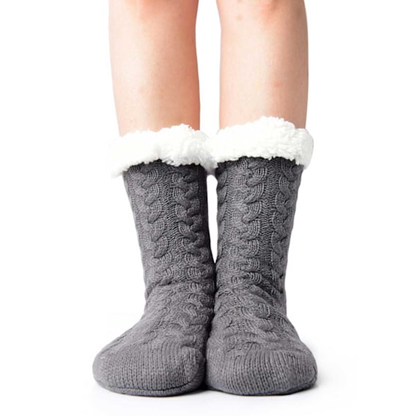 Lurviga Varma Stickade Sockor Tofflor med Halkskydd grå gray one size