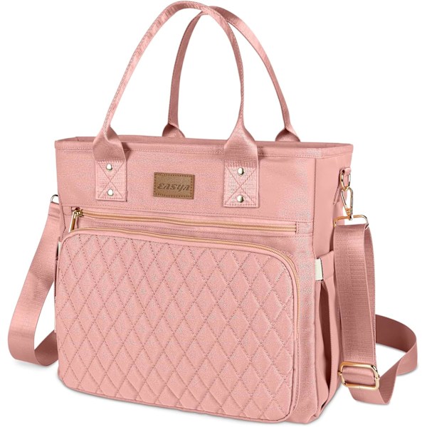 Stor lunchväska för kvinnor - Isolerad, hållbar nylonväska med förvaringsficka, 13"L x 6,3"B x 11,3"H, rosa Pink