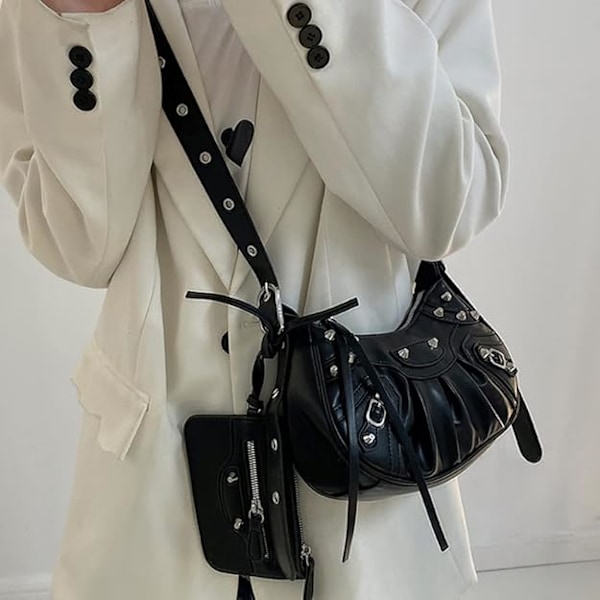 Dames axelväska gotisk nitar tote crossbody messenger PU läder nitar handväska för kvinnor justerbar rem