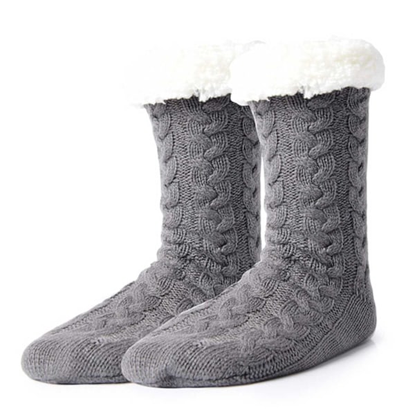 Lurviga Varma Stickade Sockor Tofflor med Halkskydd grå gray one size