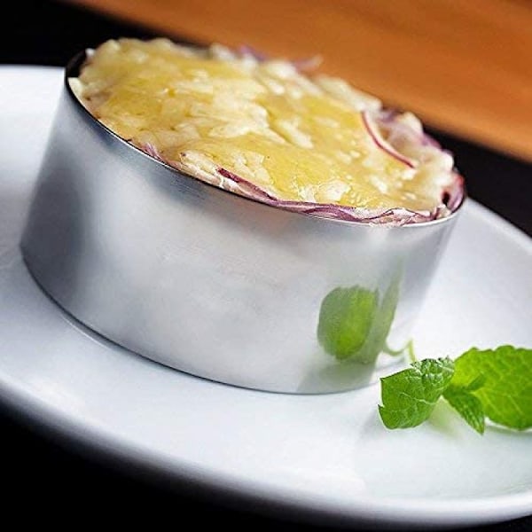 Mångsidiga matformar i rostfritt stål, rund ringform med lättanvänd tryckare för perfekt matlagning, 8 cm diameter; Höjd: 4 cm, silver, ugn &