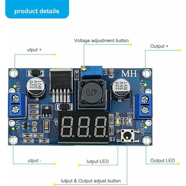2 stycken DC-DC BUCK Spänningsomvandlare Effektmodul justerbar modul stabil 36V 24V 12V till 5V 2A Effektmodul med LED-display