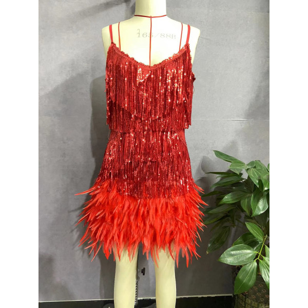 Damfransar Sequine Feather Bodyco Klänning Red M