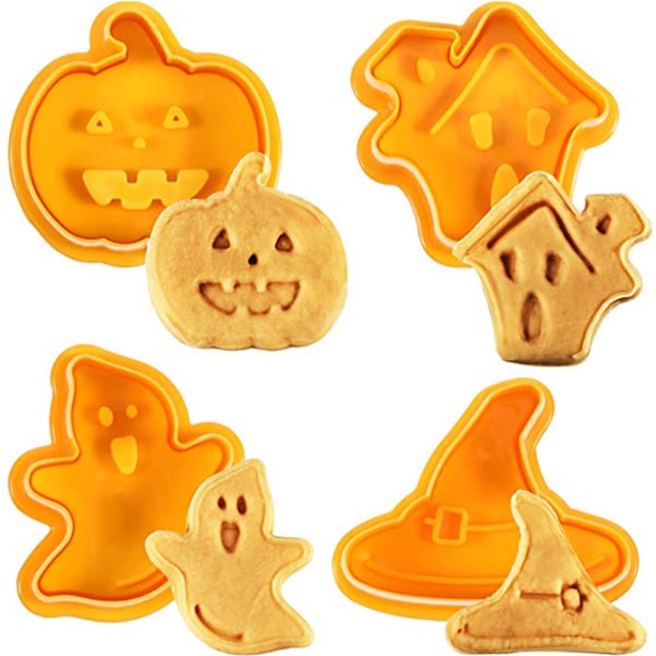 Kakformar Stämpel Fondant Verktygsset, Premiumkvalitet Ljus Färg Livsmedelsgodkänd Plast, Lätt att Lossna Rengöra, 4 Delar Halloween Tema Tryck