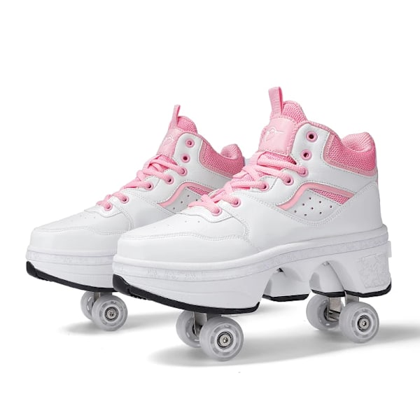 Unisex Youth Deformation Skating Shoes Four Wheels Rounds Of Roller Skate Shoes Casual Sneakers Deform Roller Shoes Red Red 35 Foot length22.5cm